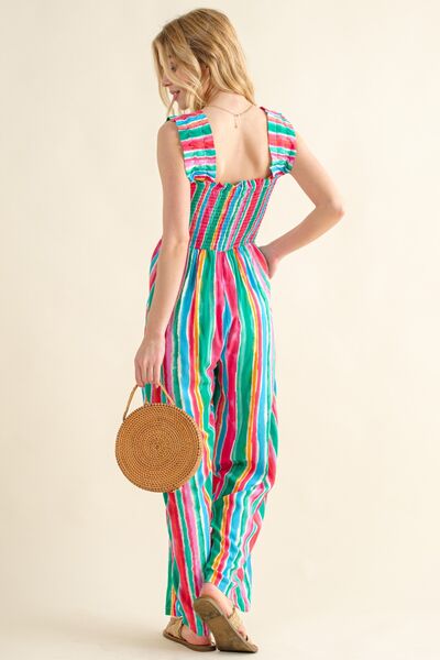 ONLINE EXCLUSIVE Striped Smocked Sleeveless Jumpsuit