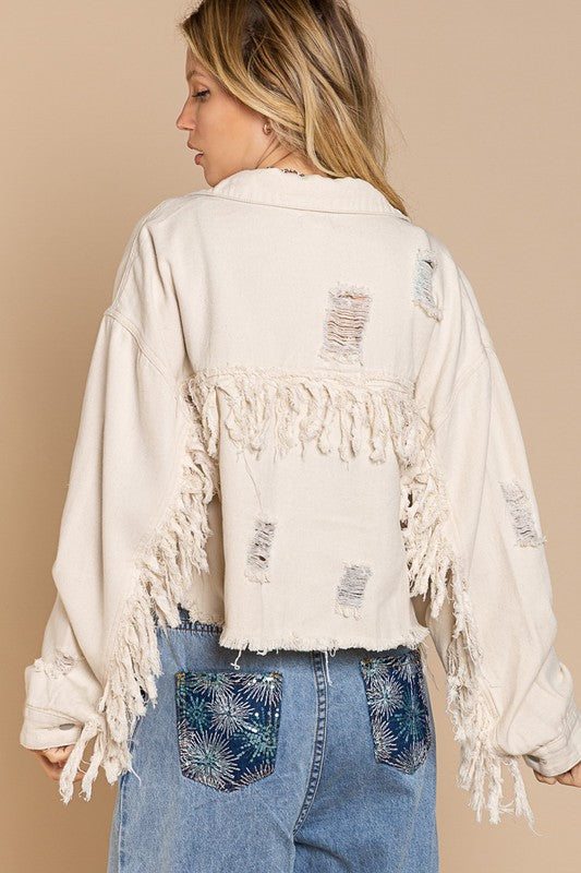ONLINE EXCLUSIVE Fringe Distressed Crop Denim Jacket