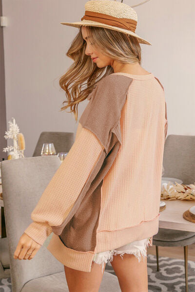 ONLINE EXCLUSIVE Half Button Exposed Seam Contrast Waffle Top