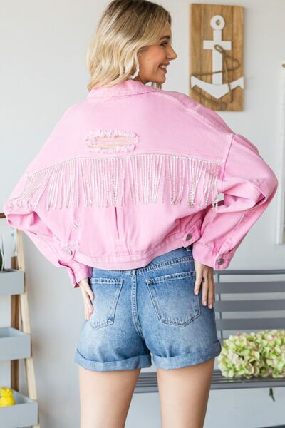 ONLINE EXCLUSIVE Fringe Distressed Button Up Denim Jacket
