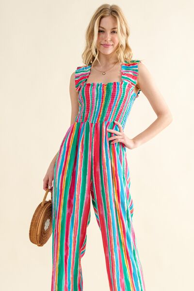 ONLINE EXCLUSIVE Striped Smocked Sleeveless Jumpsuit