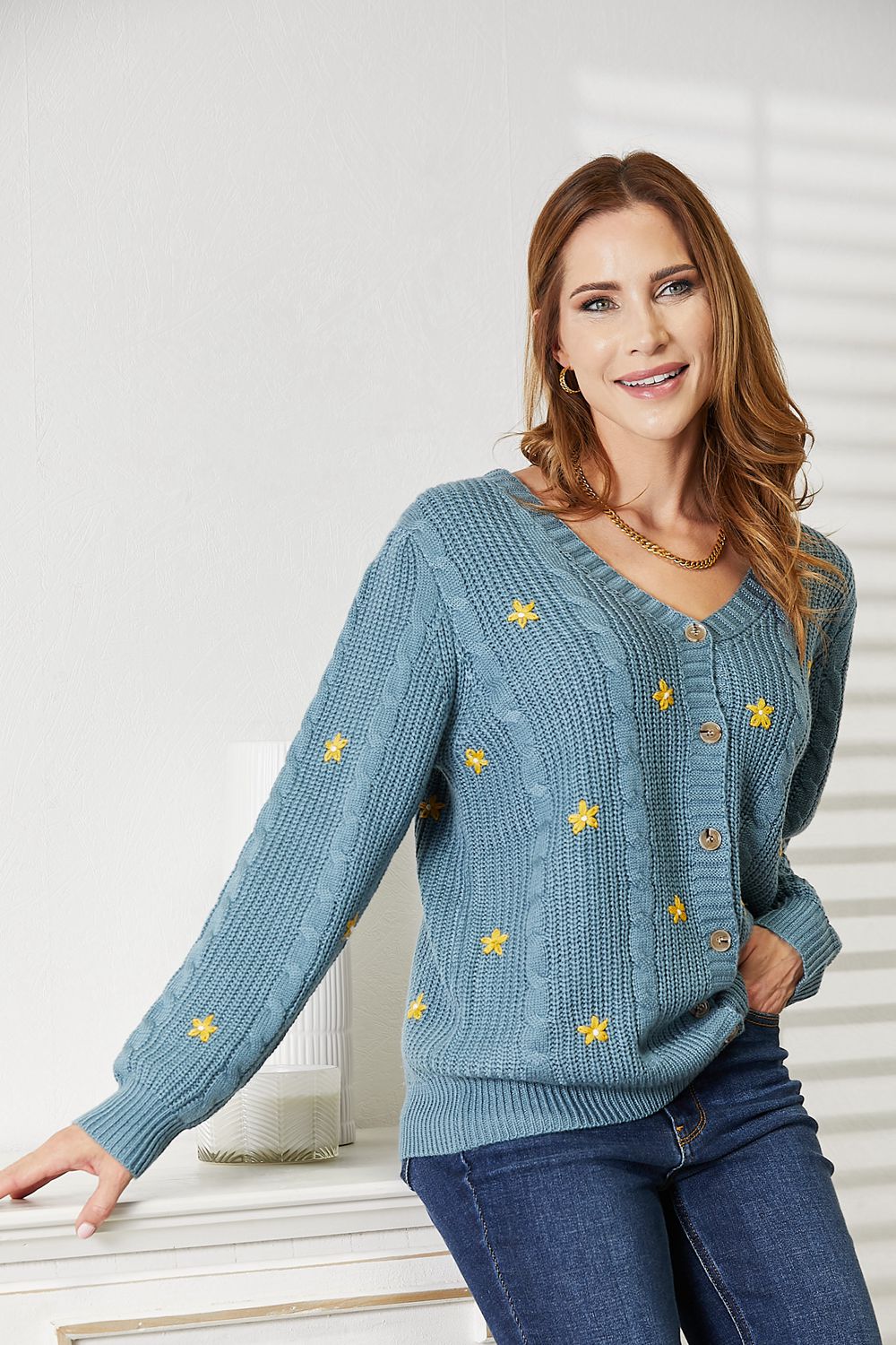 ONLINE EXCLUSIVE Floral Embroidered Cable Cardigan