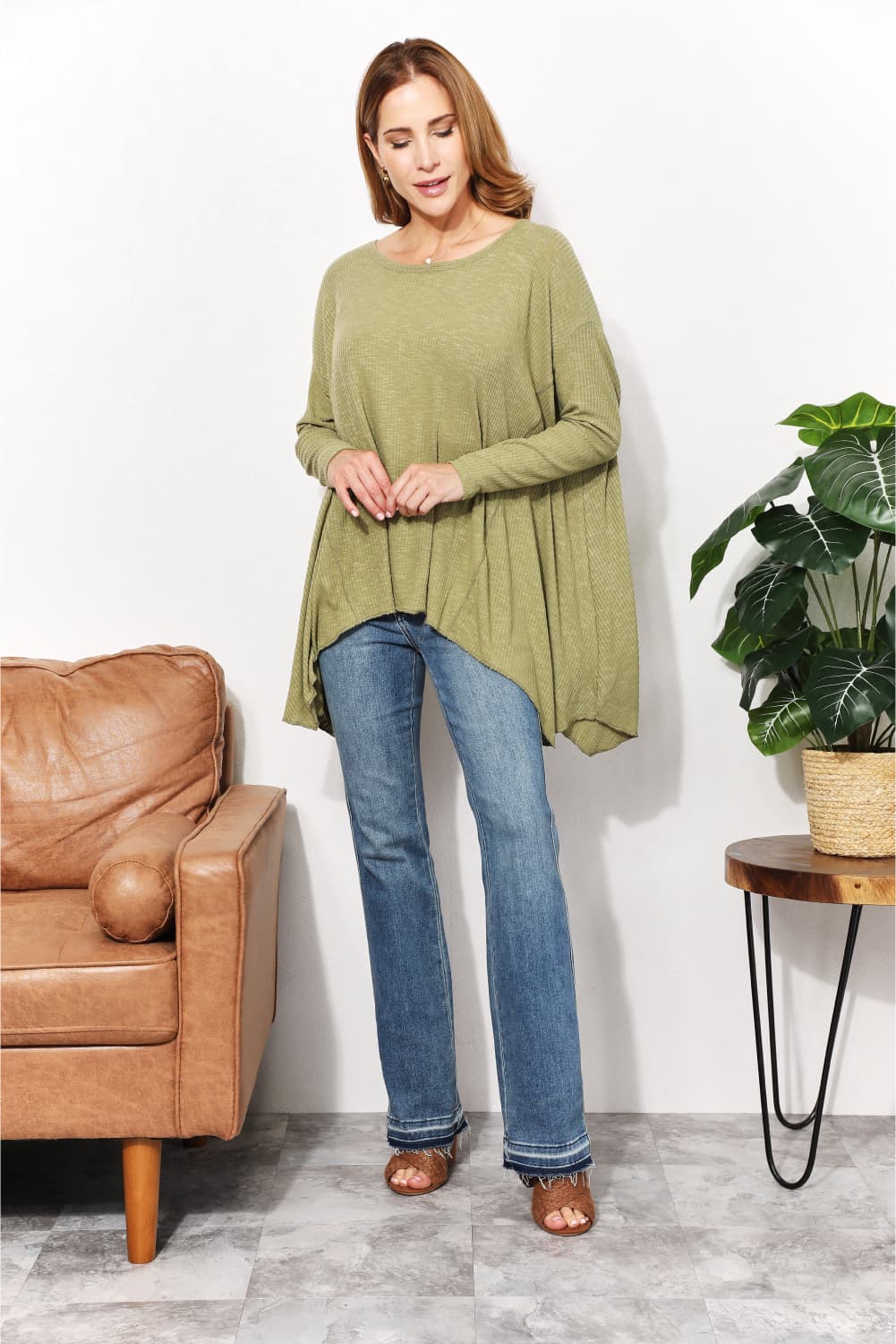 ONLINE EXCLUSIVE Oversized Super Soft Rib Layering Top with a Sharkbite Hem and Round Neck