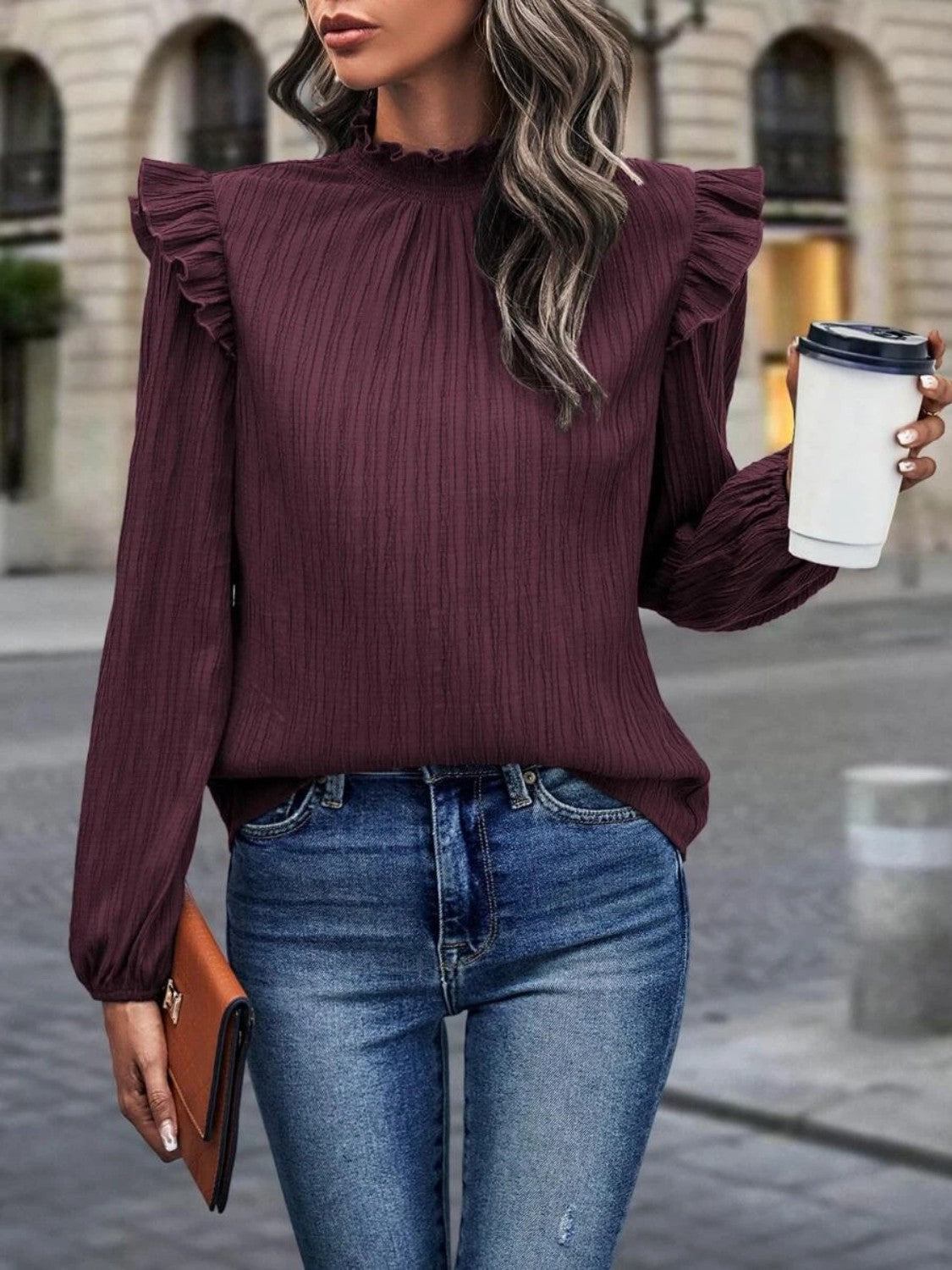 ONLINE EXCLUSIVE Mock Neck Ruffle Shoulder Blouse