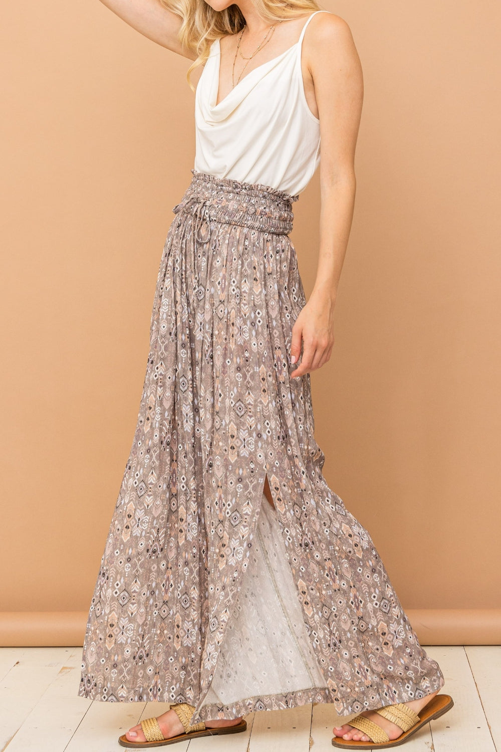 ONLINE EXCLUSIVE Printed Smocked Waist Slit Wide Leg Pants