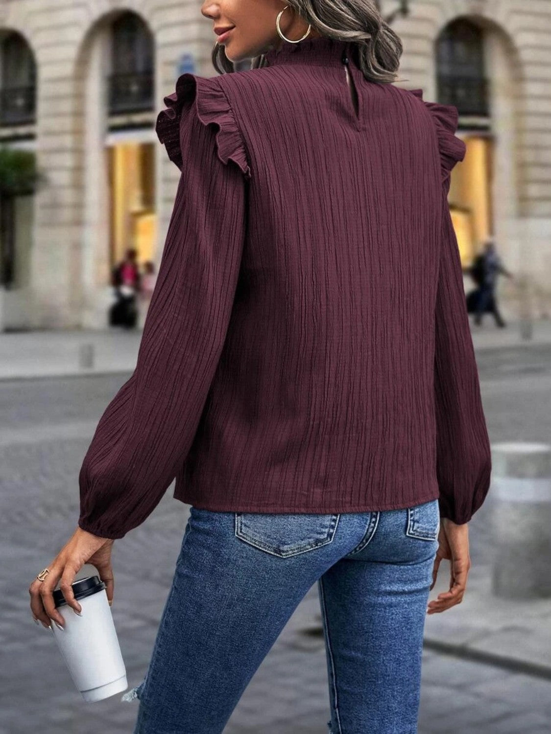 ONLINE EXCLUSIVE Mock Neck Ruffle Shoulder Blouse