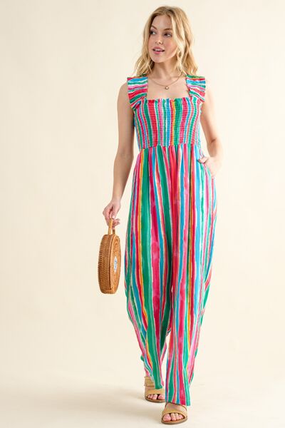 ONLINE EXCLUSIVE Striped Smocked Sleeveless Jumpsuit