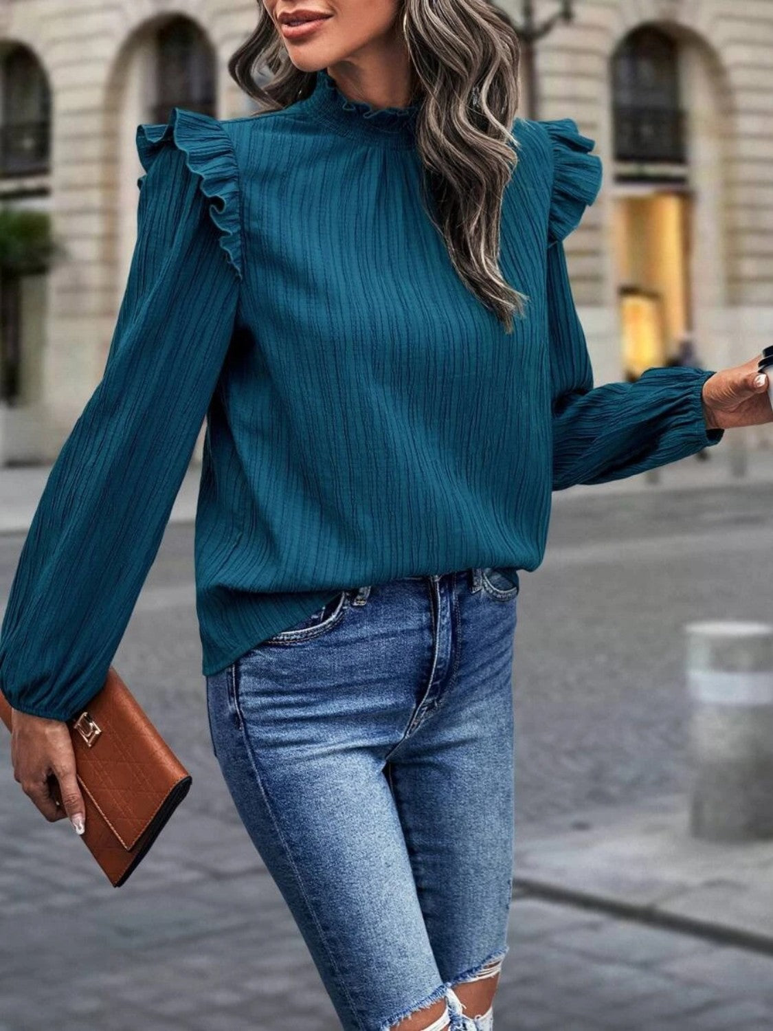 ONLINE EXCLUSIVE Mock Neck Ruffle Shoulder Blouse