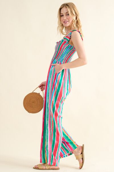ONLINE EXCLUSIVE Striped Smocked Sleeveless Jumpsuit