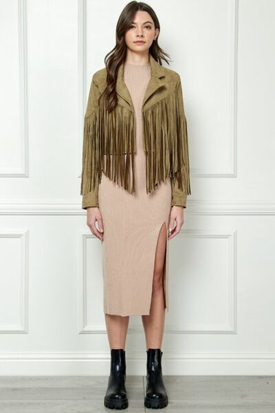 ONLINE EXCLUSIVE Veveret Suede Fringe Long Sleeve Moto Jacket