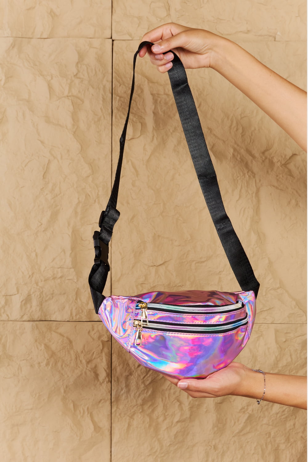 ONLINE EXCLUSIVE Good Vibrations Holographic Double Zipper Fanny Pack in Hot Pink