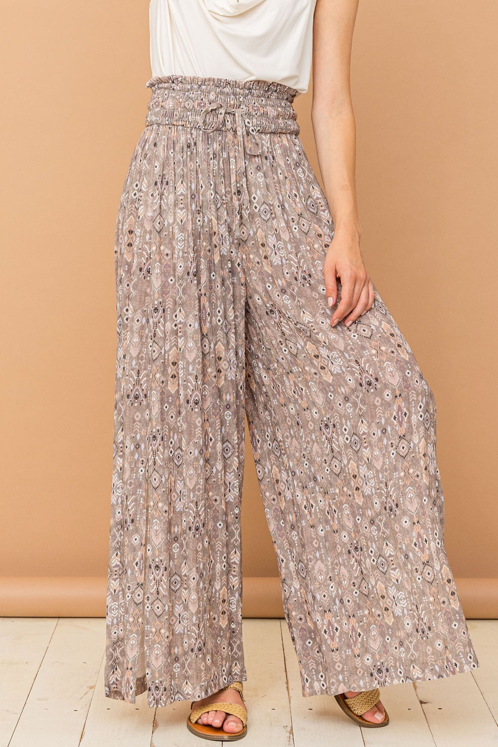 ONLINE EXCLUSIVE Printed Smocked Waist Slit Wide Leg Pants