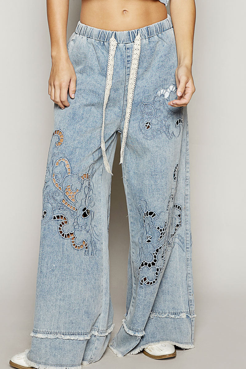 POL Drawstring Open floral design denim pants