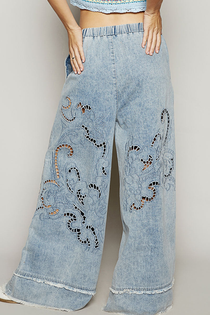 POL Drawstring Open floral design denim pants