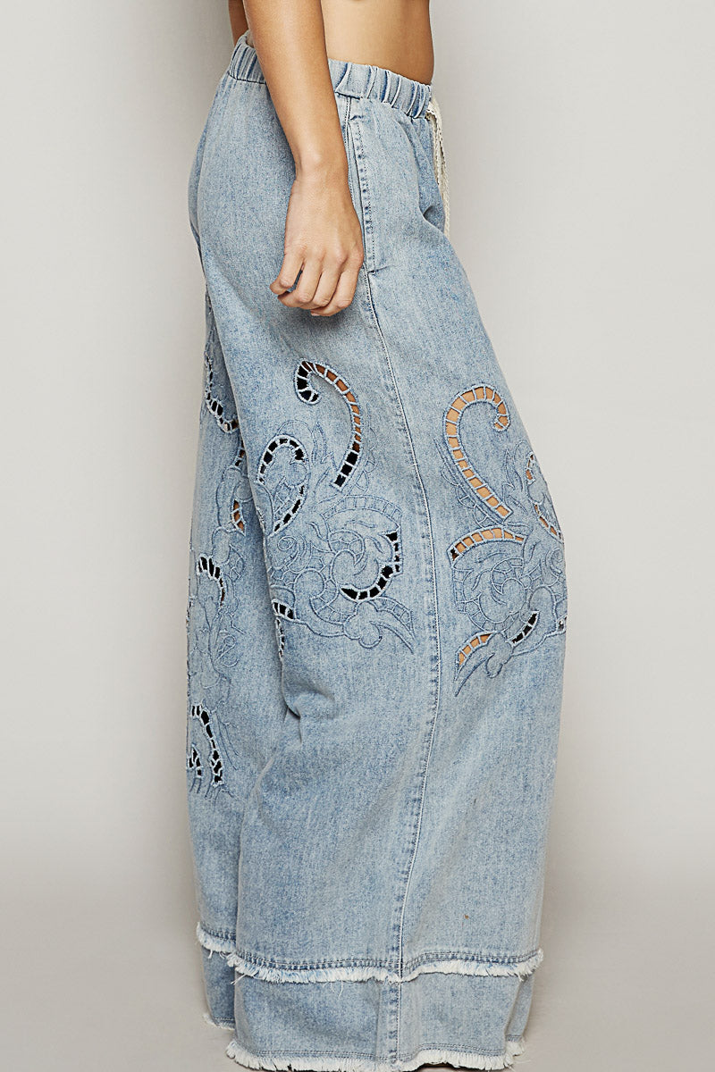 POL Drawstring Open floral design denim pants