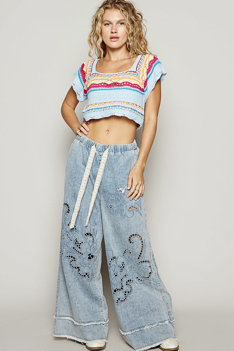 POL Drawstring Open floral design denim pants