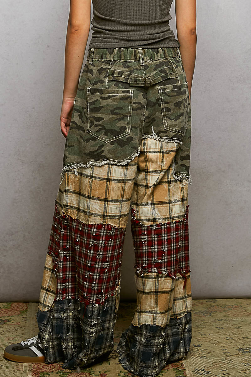 POL Camo Mutli Patch Plaid wide leg Pants