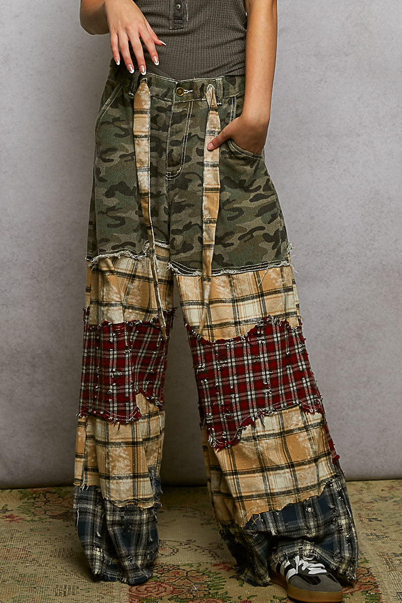 POL Camo Mutli Patch Plaid wide leg Pants