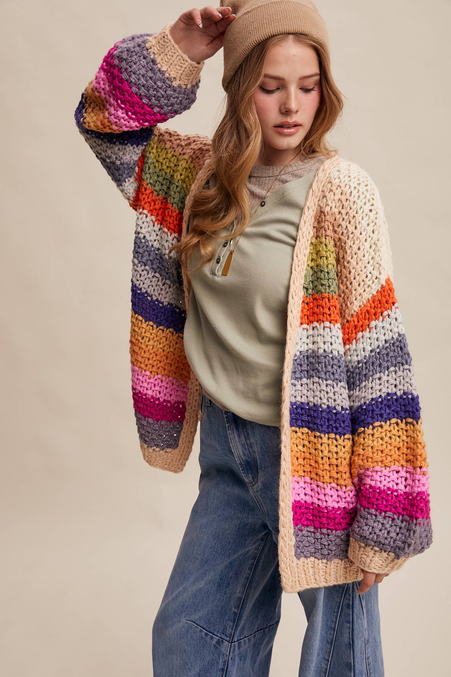 Rainbow Hand-Crochet Open oversized Cardigan