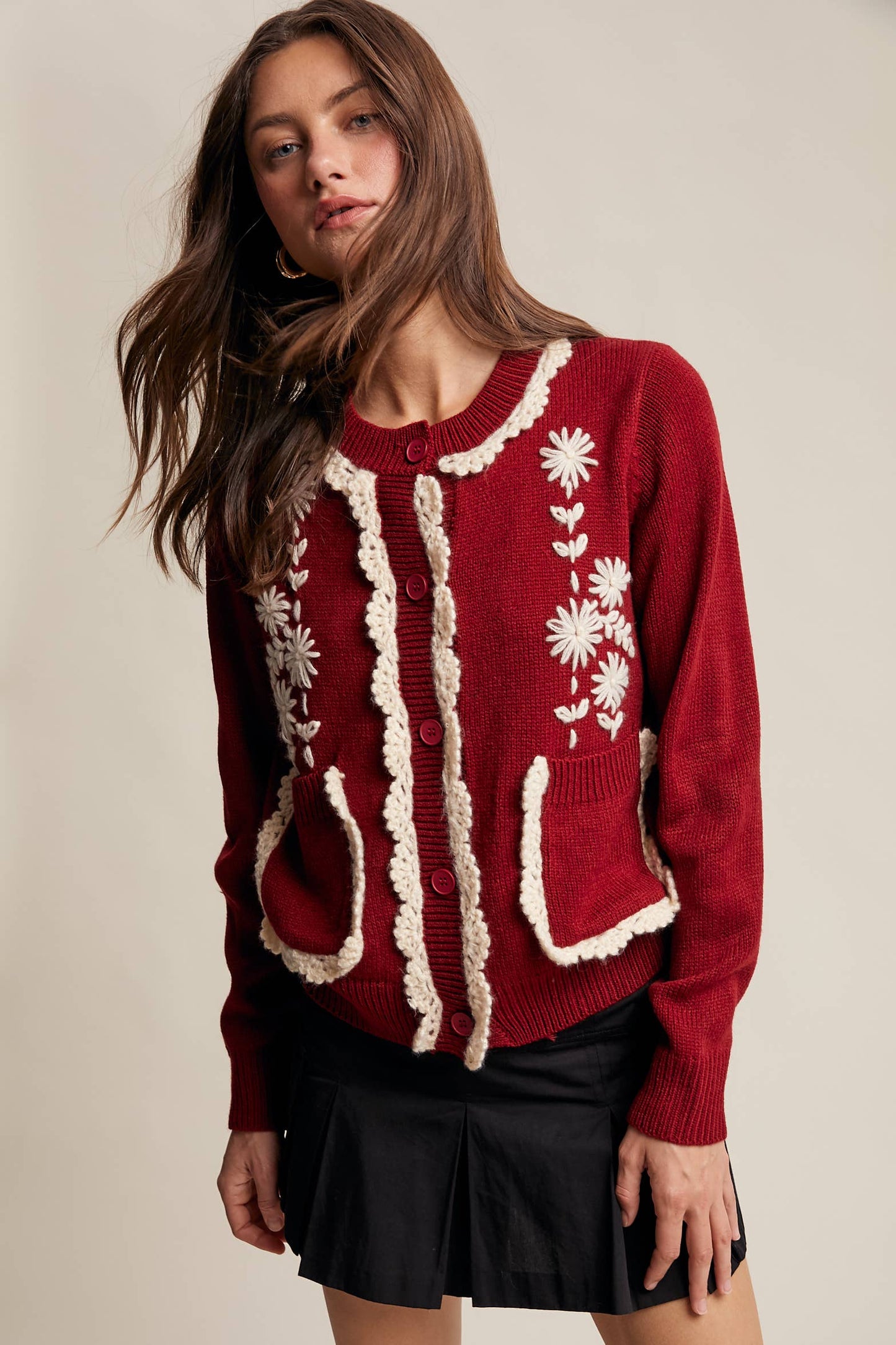 Daisy Embroidered Trim Cardigan Sweater