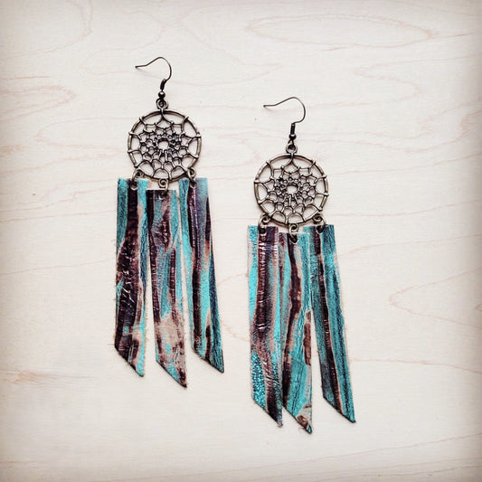 ONLINE EXCLUSIVE Dream Catcher Earrings w/ Leather Fringe Turquoise Chateau 200ab