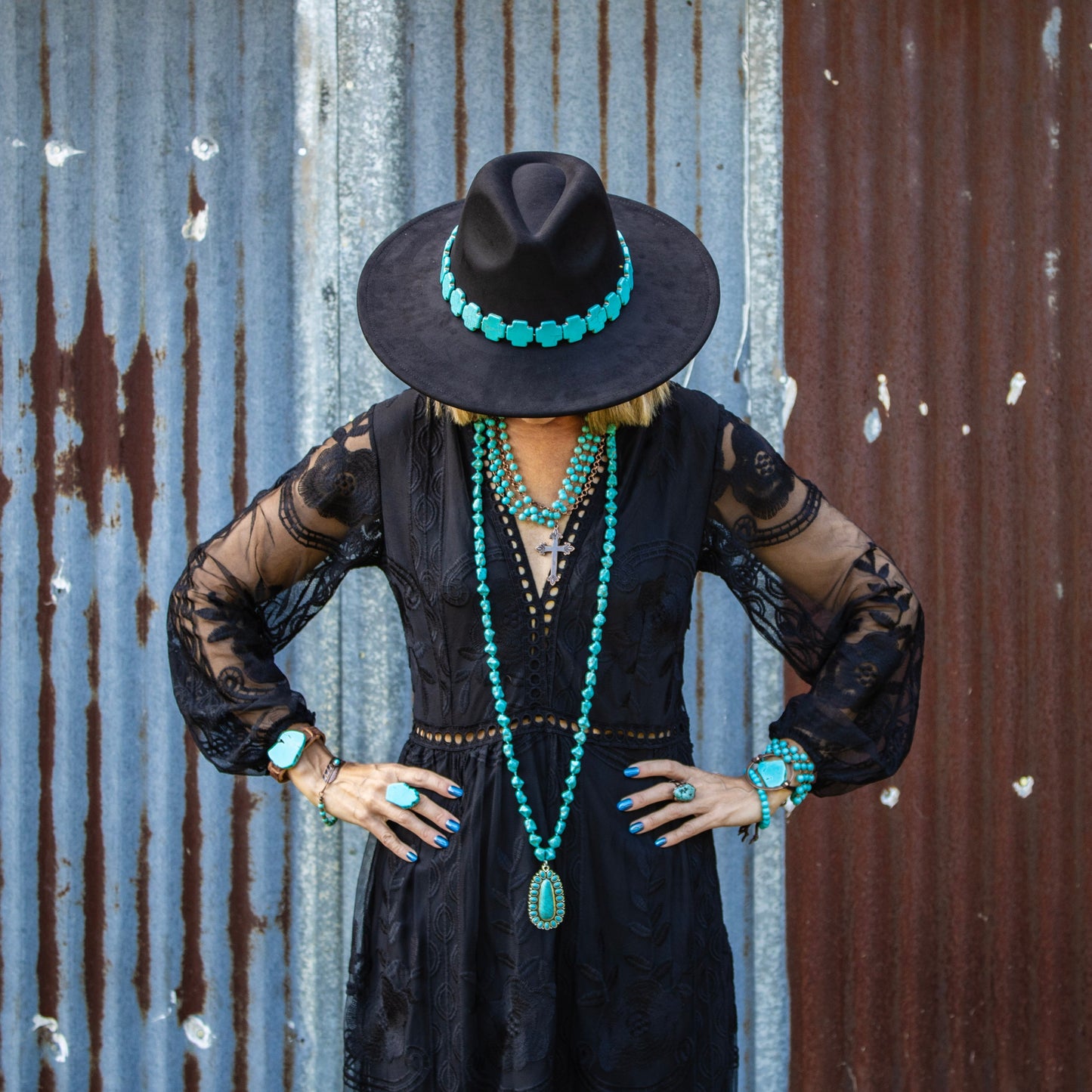 ONLINE EXCLUSIVE Long Western Turquoise Beaded Necklace w/ Squash Blossom Pendant 261w