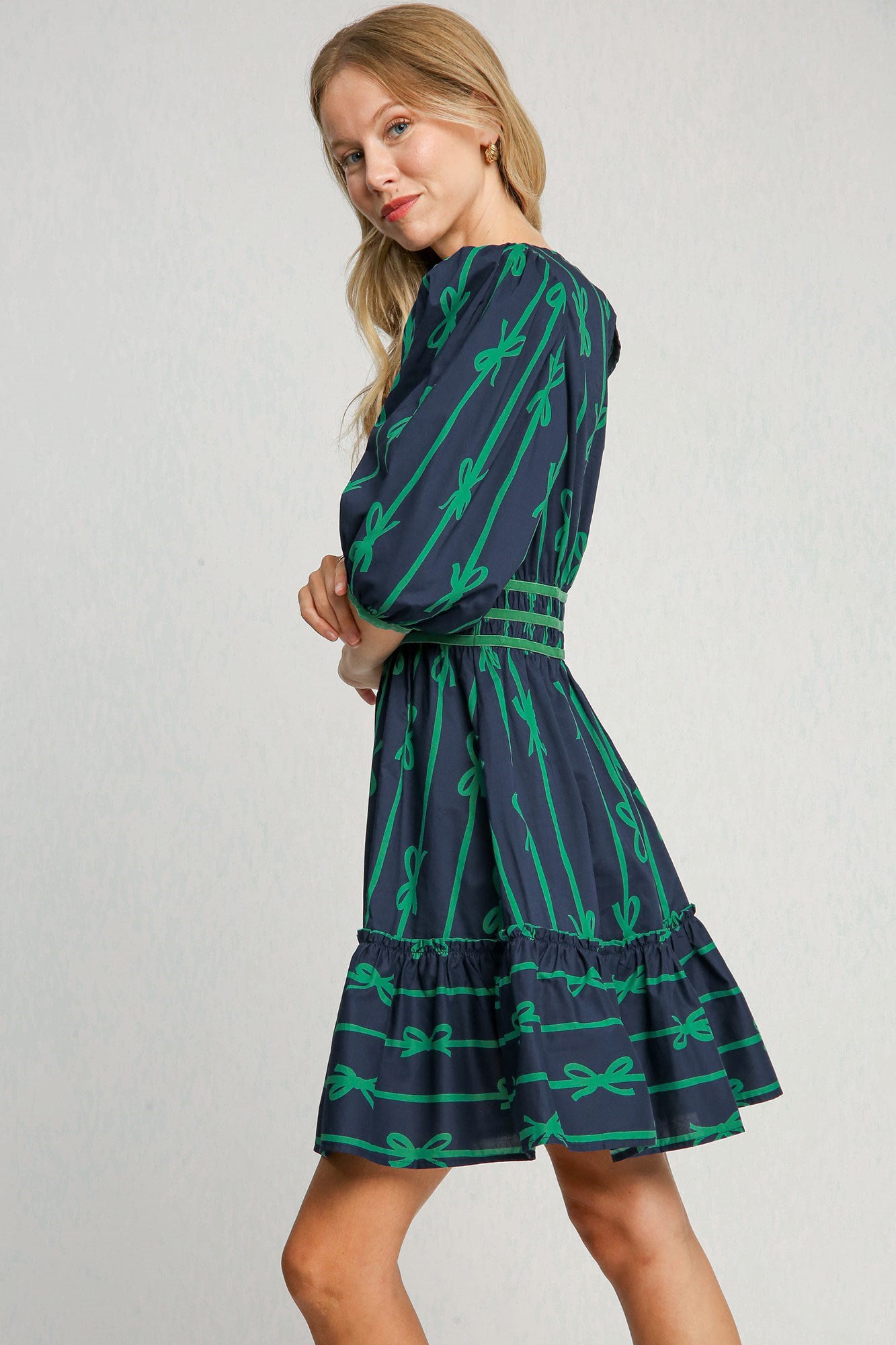 ONLINE EXCLUSIVE  Ribbon Print Frill Contrast Velvet Trim Half Sleeve Dress