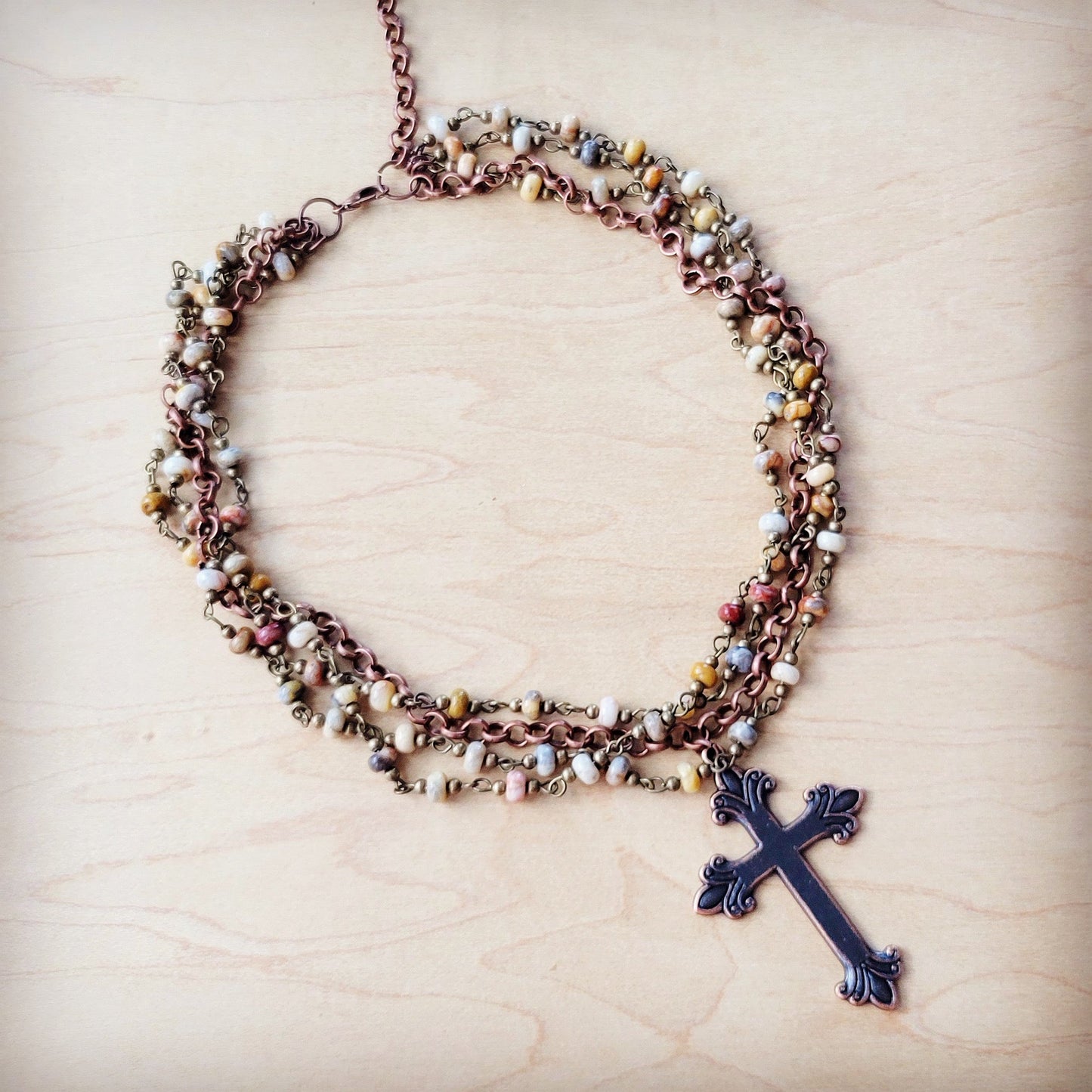 ONLINE EXCLUSIVE Natural Agate Beaded Collar Necklace w/ Cross Pendant 261d