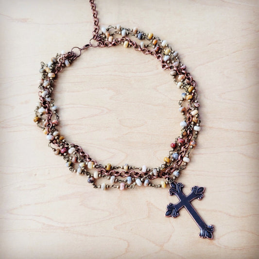 ONLINE EXCLUSIVE Natural Agate Beaded Collar Necklace w/ Cross Pendant 261d