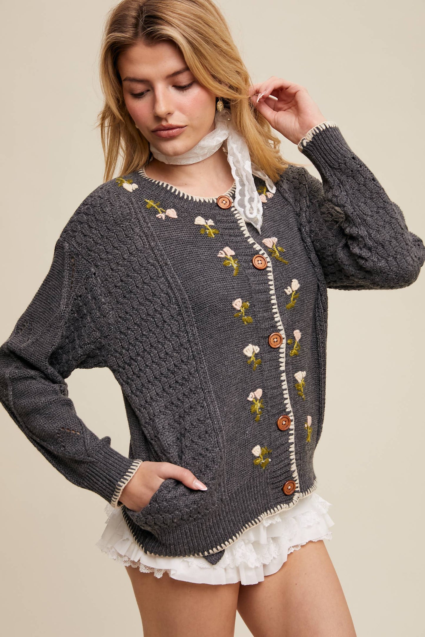 Nova Floral Embroidered Button-Up Cardigan/sweater top