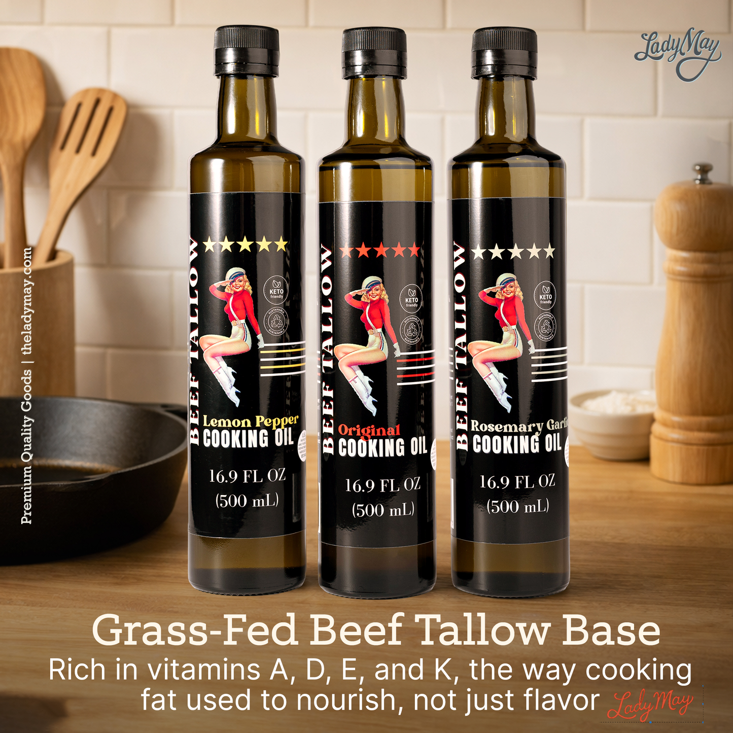 ONLINE EXCLUSIVE Lady May Tallow Cooking Oil Trio Bundle | Grass-Fed Beef Tallow & Olive Oil | Original, Rosemary Garlic & Lemon Pepper | Clean High-Heat Cooking from Our Restaurant Kitchen