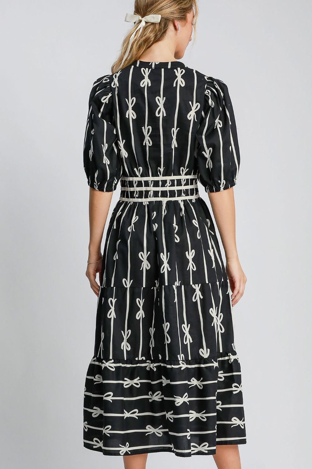 ONLINE EXCLUSIVE Bow Tie Print Notched Contrast Velvet Trim Midi Dress