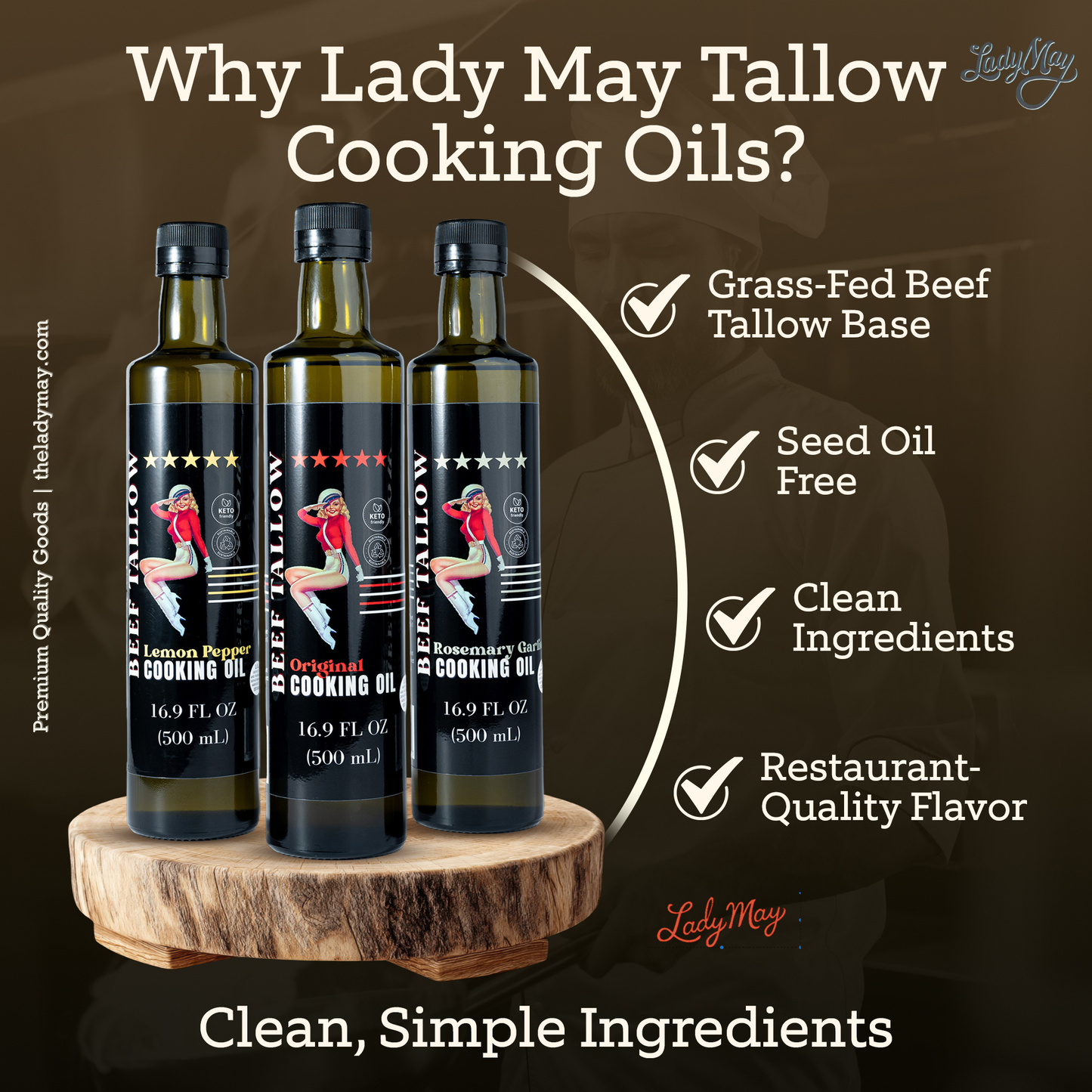 ONLINE EXCLUSIVE Lady May Tallow Cooking Oil Trio Bundle | Grass-Fed Beef Tallow & Olive Oil | Original, Rosemary Garlic & Lemon Pepper | Clean High-Heat Cooking from Our Restaurant Kitchen