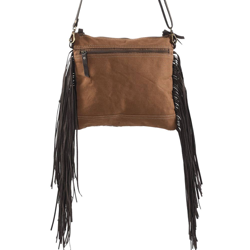 Brown Crossbody With Fring Fur Canvas And Zipper Closure