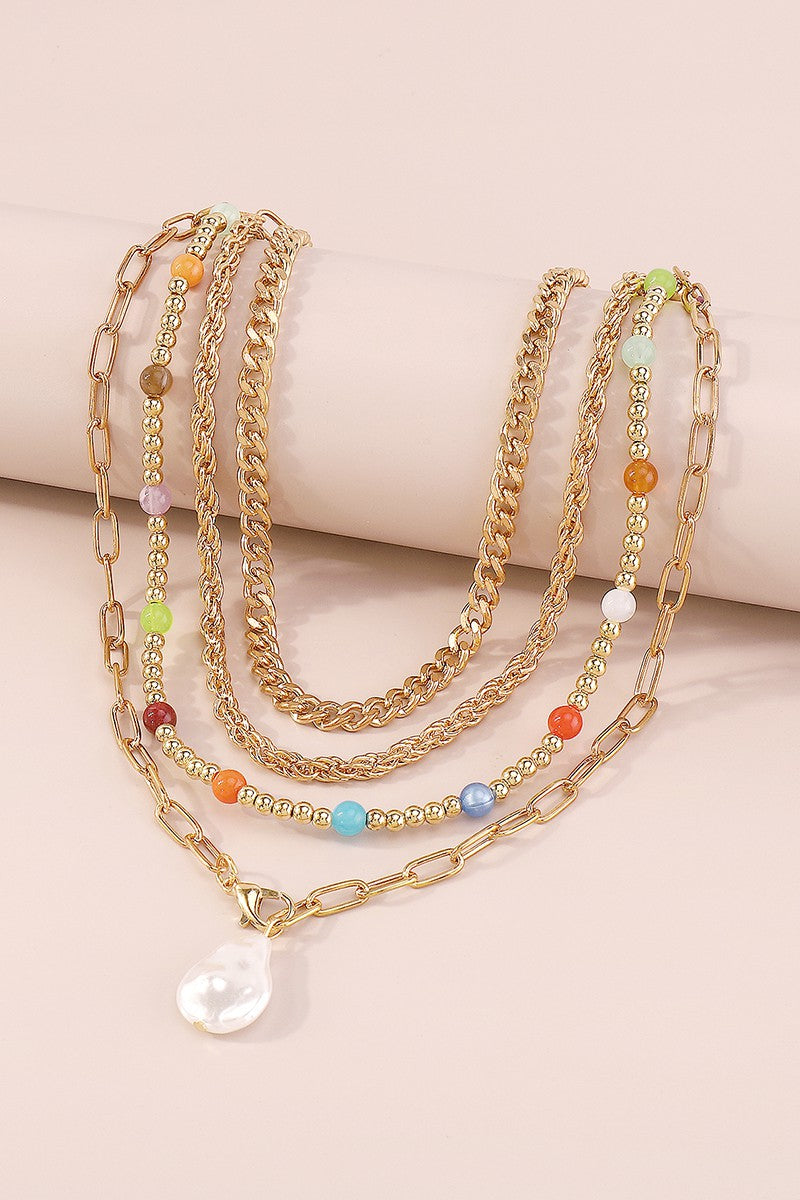 Layered Colored Beads Baroque Pearl Pendant Necklace