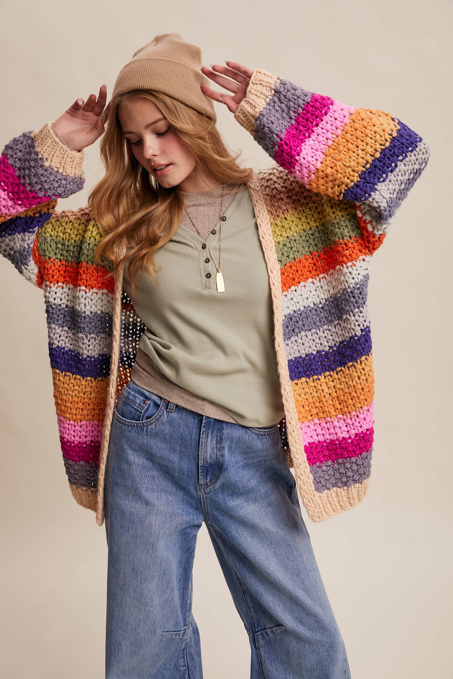Rainbow Hand-Crochet Open oversized Cardigan
