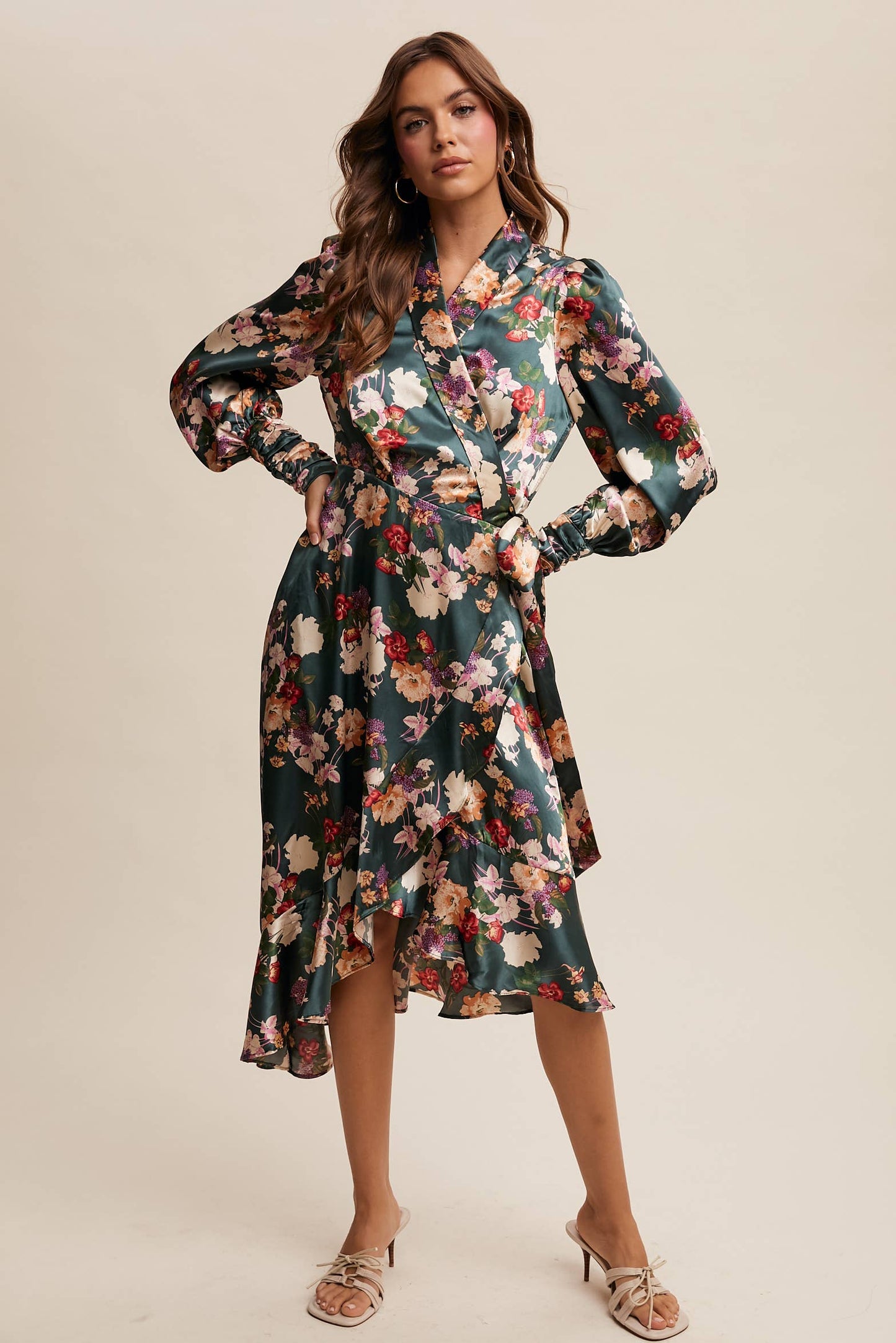 Enchanted Forest Satin Floral Wrap Midi Dress