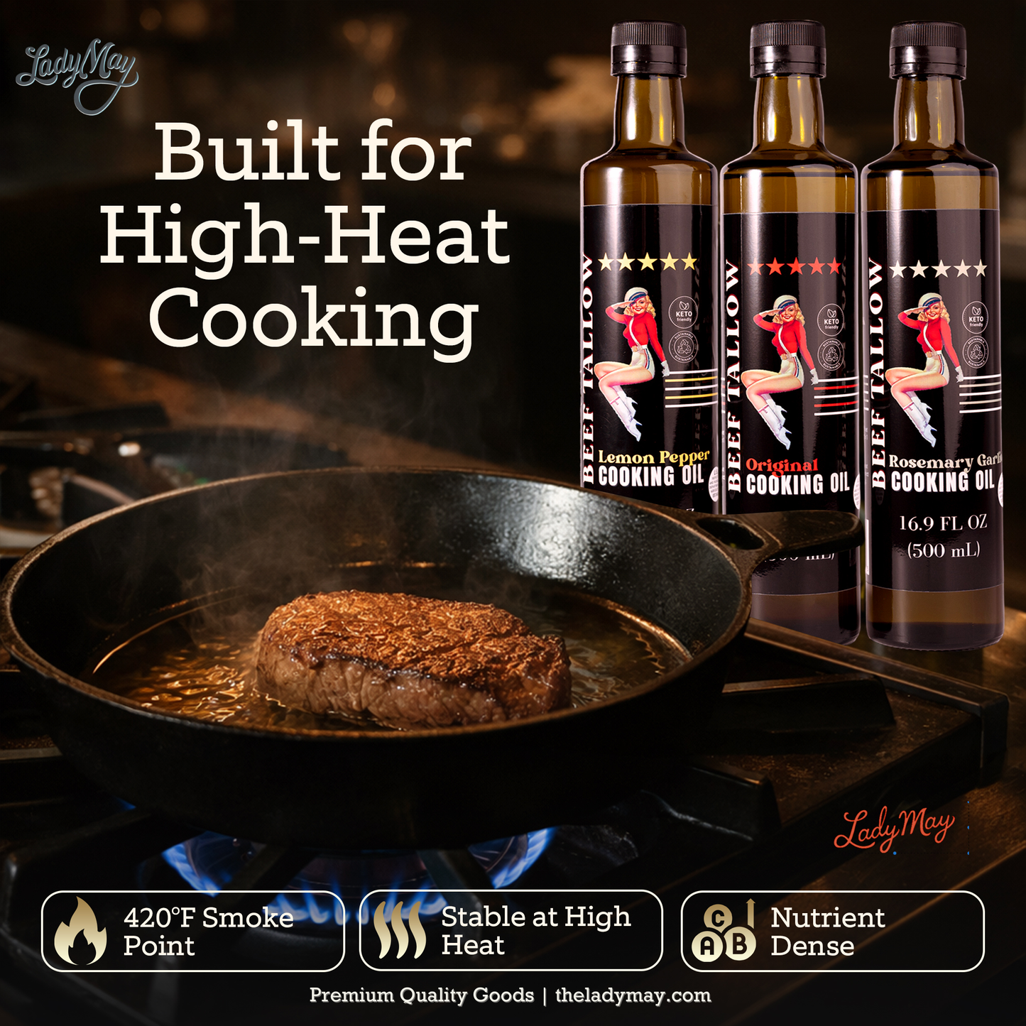 ONLINE EXCLUSIVE Lady May Tallow Cooking Oil Trio Bundle | Grass-Fed Beef Tallow & Olive Oil | Original, Rosemary Garlic & Lemon Pepper | Clean High-Heat Cooking from Our Restaurant Kitchen