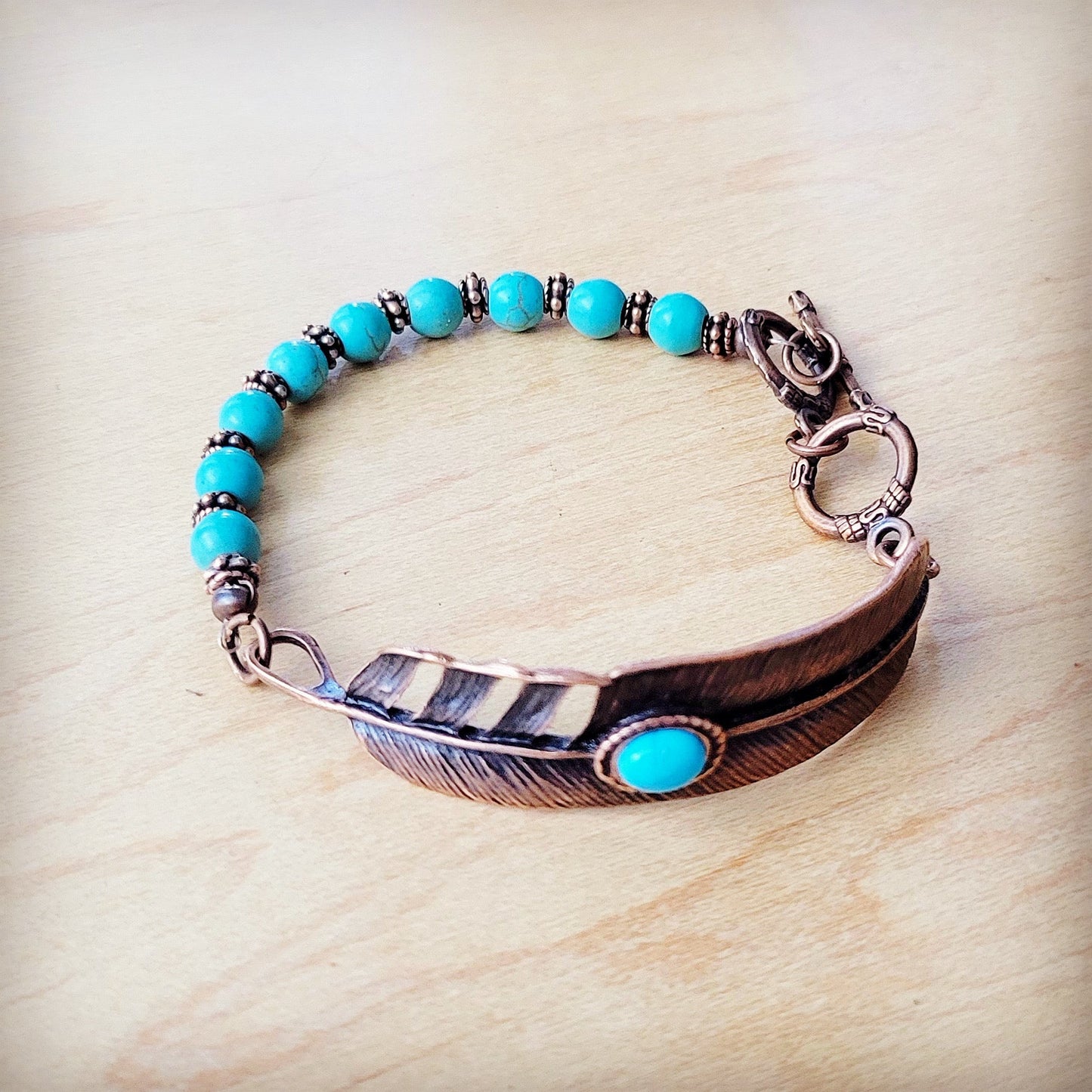 ONLINE EXCLUSIVE Round Blue Turquoise Beaded Bracelet on Copper Feather 810t