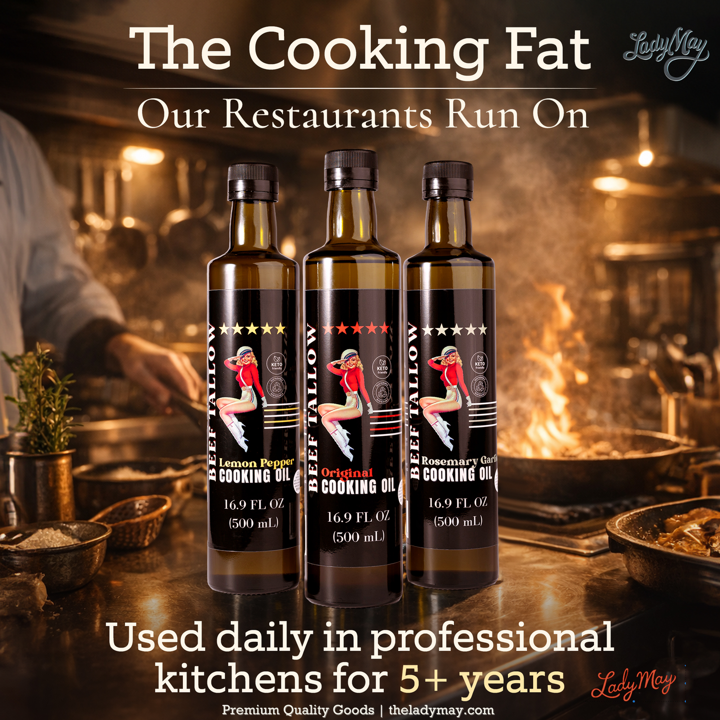 ONLINE EXCLUSIVE Lady May Tallow Cooking Oil Trio Bundle | Grass-Fed Beef Tallow & Olive Oil | Original, Rosemary Garlic & Lemon Pepper | Clean High-Heat Cooking from Our Restaurant Kitchen