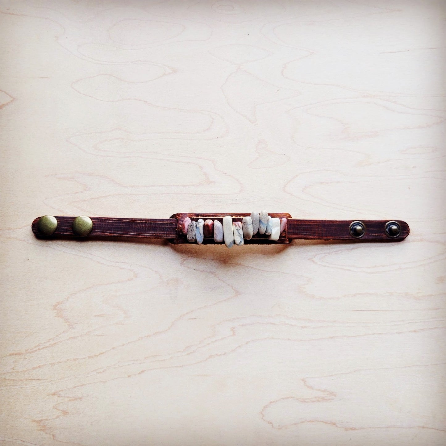 ONLINE EXCLUSIVE Genuine Leather Narrow Cuff with Aqua Terra Stones 005f