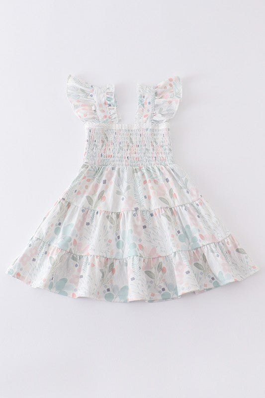 ONLINE EXCLUSIVE Girls Green floral print smocked ruffle dress