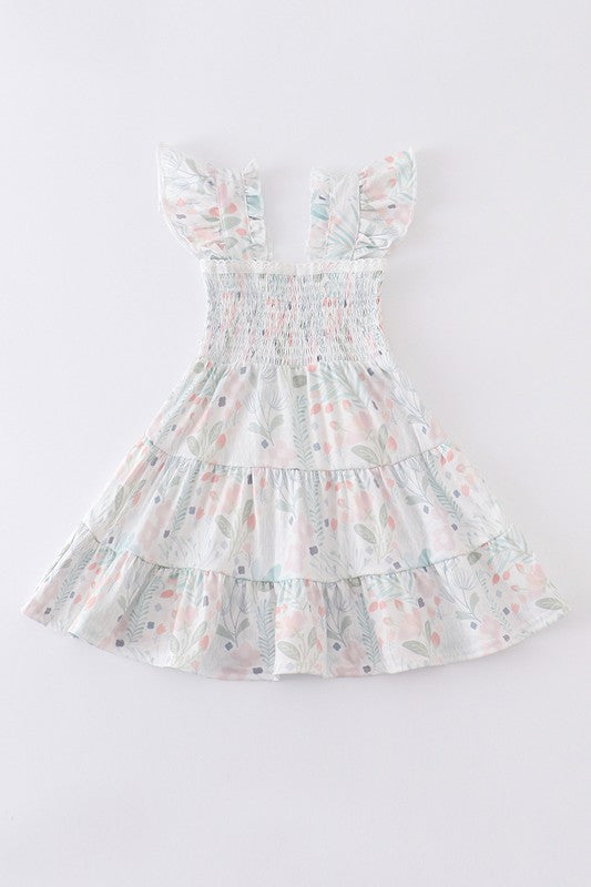 ONLINE EXCLUSIVE Girls Green floral print smocked ruffle dress