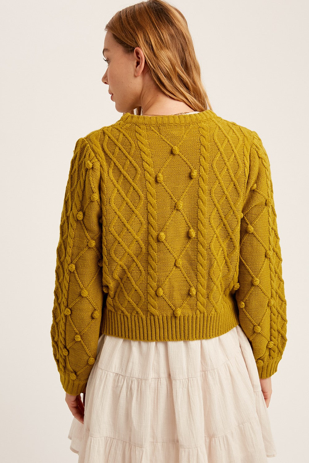 Pompom Cable Detailed Crop Knit Pullover Sweater