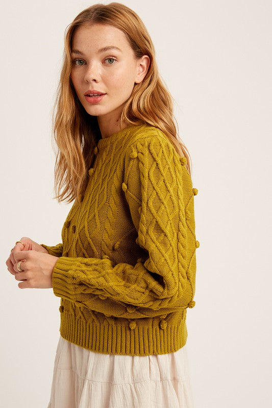 Pompom Cable Detailed Crop Knit Pullover Sweater