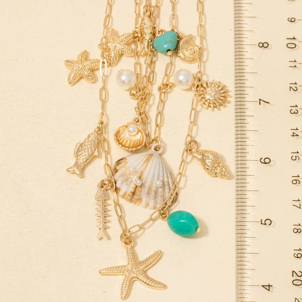 Assorted Sea Life Pearl And Stone Charms Layered Chain