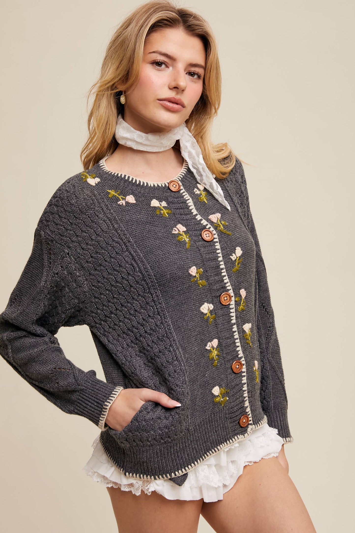 Nova Floral Embroidered Button-Up Cardigan/sweater top