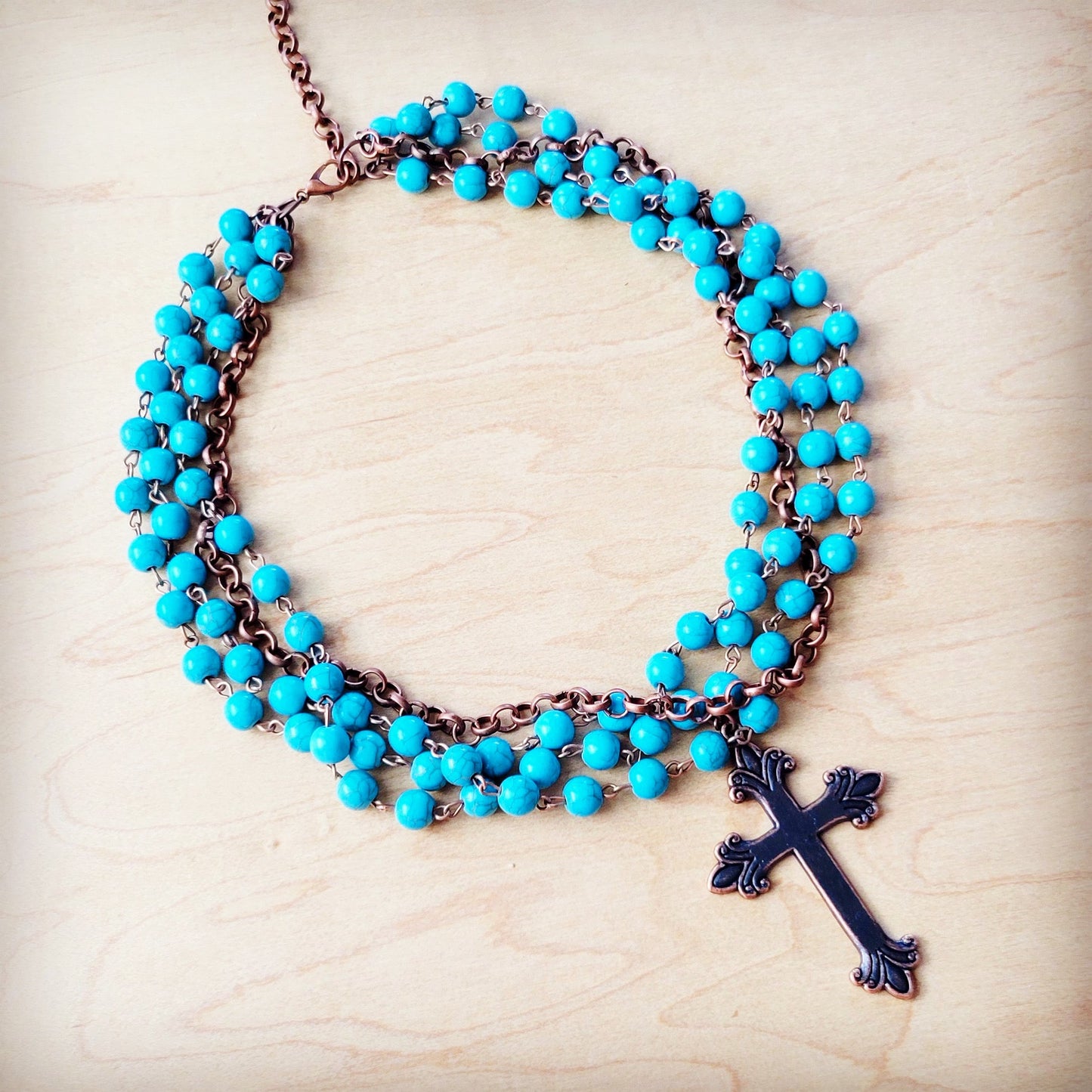 ONLNE EXCLUSIVE Blue Turquoise Beaded Collar Necklace w/ Cross Pendant 260y