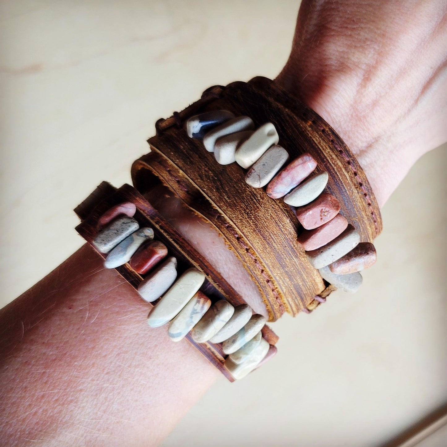 ONLINE EXCLUSIVE Genuine Leather Narrow Cuff with Aqua Terra Stones 005f