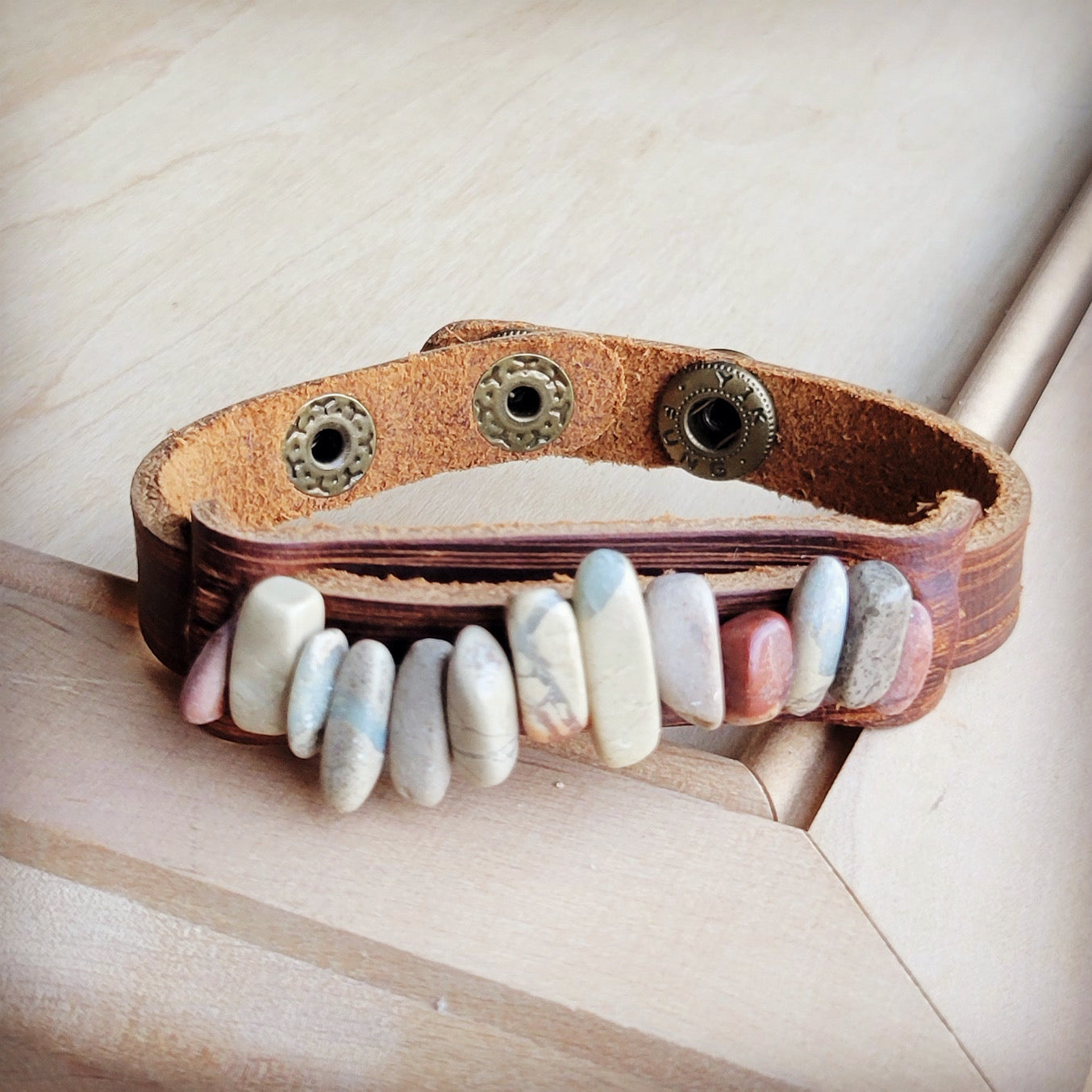 ONLINE EXCLUSIVE Genuine Leather Narrow Cuff with Aqua Terra Stones 005f